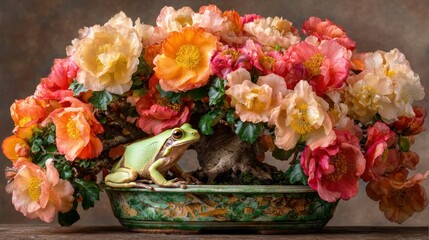 Fototapeta premium Floral bonsai with a green frog