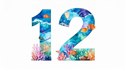 Watercolor '12' Illustrated with Ocean, Fish, and Coral, Colorful Numbers with Marine Life and Blue Background, Beautiful Art for Design
