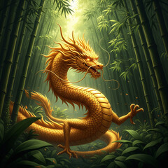 Golden Chinese Dragon In Lush Green Bamboo Forest Sunlight
