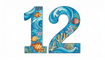 Decorative Numeral Twelve Amidst Underwater Scene with Tropical Fish and Coral, Ocean-Themed Number Design Ideal for Children's Educational Material