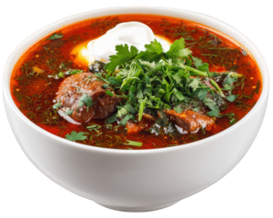 Russian borscht soup beef fresh herbs sour cream traditional hearty red aromatic comfort food isolated in white bowl