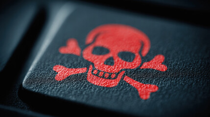 A close-up of a red skull and crossbones symbol on a textured black surface, representing danger or poison.