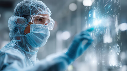 AI for healthcare workflow, A medical professional in full protective gear interacts with a futuristic transparent digital interface displaying complex data and medical information.