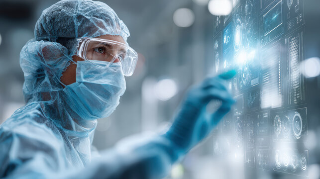 AI for healthcare workflow, A medical professional in full protective gear interacts with a futuristic transparent digital interface displaying complex data and medical information. - Powered by Adobe
