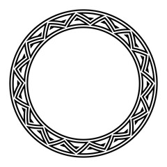 Triangular meander pattern, circle frame. Decorative border made of pointed, pyramid-like triangular spirals, seamlessly repeated, similar to a Greek key pattern, surrounded by two bold cicles. Vector