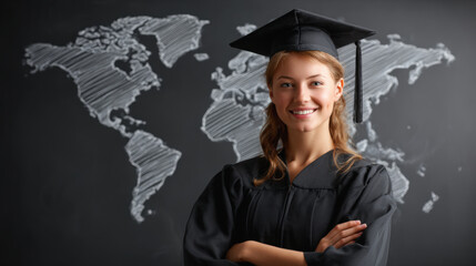 A smiling female graduate in cap and gown stands confidently with arms crossed against a chalkboard world map background.