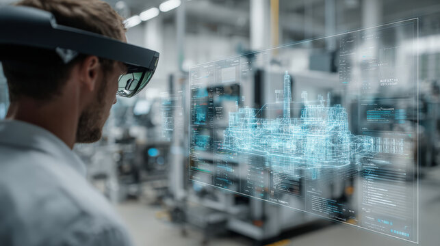 A man wearing augmented reality glasses interacts with a holographic 3D model of an industrial facility in a modern manufacturing environment. - Powered by Adobe