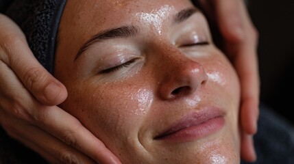 Fototapeta premium Young woman relaxing during skincare face massage with closed eyes 