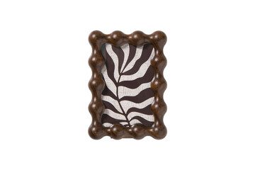 Unique wavy dark wood picture frame with abstract leaf pattern isolated on transparent background