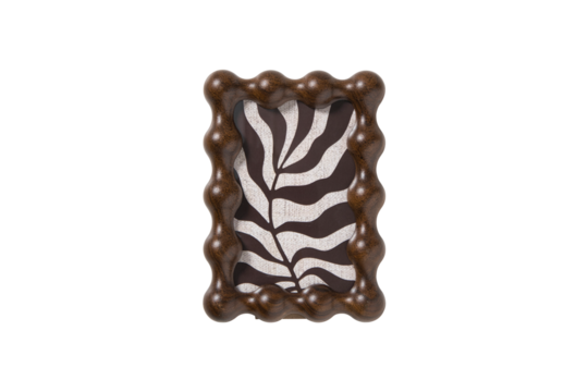 Unique wavy dark wood picture frame with abstract leaf pattern isolated on transparent background - Powered by Adobe