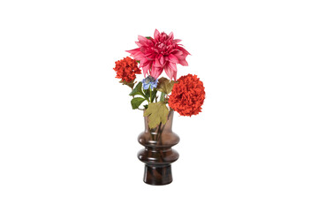 A small bouquet of vibrant flowers in a dark brown vase isolated on transparent background