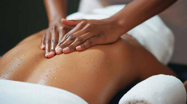 Knead. Black massage therapist gently massaging a back of a Black lady. Woman gets complete relax and enjoy in a spa salon as she is having a professional spine treatment. Indulge