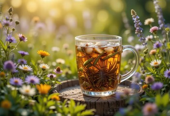 Herbal Tea in Clear Glass Mug Surrounded by Colorful Flowers