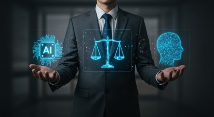 Person Holding Glowing Scales of Justice, Ai Brain, Justice Concept