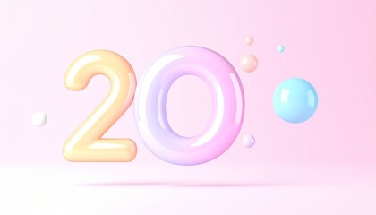 Obraz premium Candy-Coated '20' Celebration, A Pastel Dreamscape of Shiny Numbers and Floating Spheres