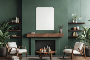 Cozy living room with fireplace armchairs plants and blank canvas on wall