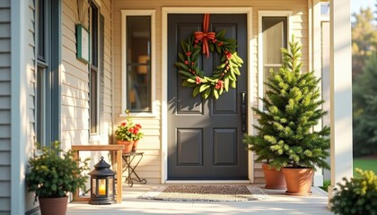 Festive Front Door Decorated with Christmas Wreath and Potted Plants on Porch