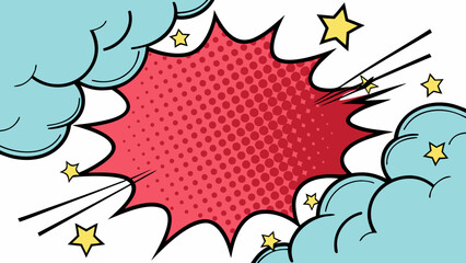 Retro Comic Book Style Background with Clouds Stars and a Red Halftone Explosion Shape for Text or Graphics