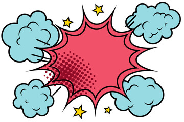 Comic Book Style Explosion with Clouds and Stars for Text or Graphic Elements in Retro Design
