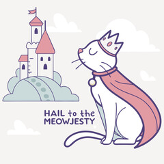 Regal white cat, wearing a crown and cape, gazes at a fairytale castle on a hill.