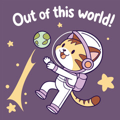 A happy cartoon cat astronaut floating in space, exploring the galaxy with excitement.