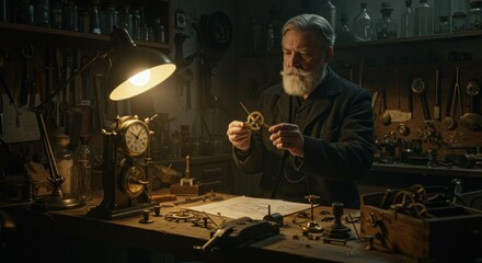 Experienced horologist meticulously crafting intricate clockwork components in a dimly lit workshop