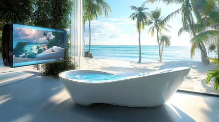High tech bathtub with built in LED screens interactive displayed on beach background