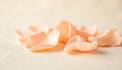 A close up photograph displays fallen, fragile peach rose petals resting on a subtly textured creamy white surface