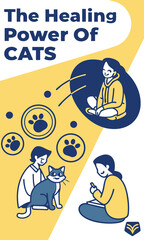 Illustration depicting the therapeutic benefits of cats, featuring people interacting with felines and paw prints.