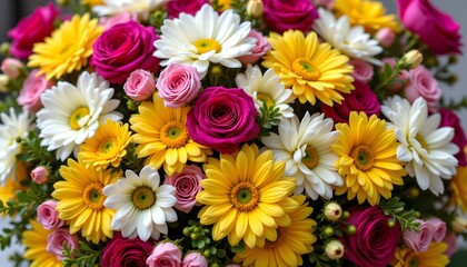 A photograph showcases a tightly arranged bouquet overflowing with diverse blossoms
