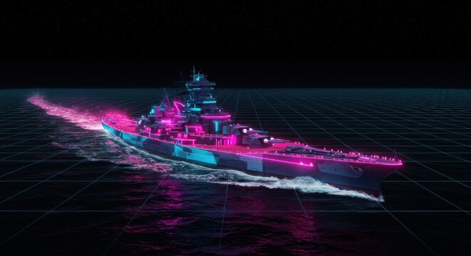 Futuristic battleship navigation in a vibrant cyber landscape at sea