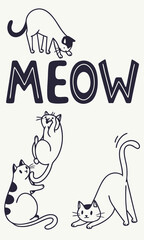 Cute cartoon cats in various playful poses, with the word 