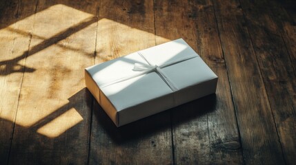 White Gift Box on Wooden Floor in Sunlight
