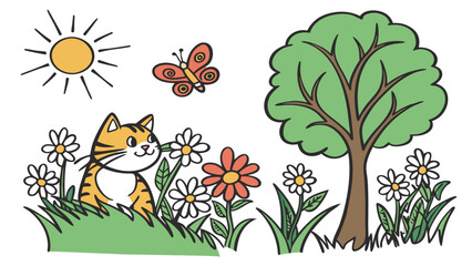A cheerful tabby cat sits amidst blooming daisies and a butterfly, enjoying a sunny day near a leafy tree.