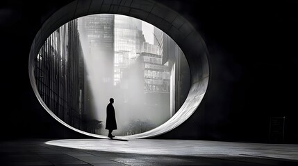 A lone figure in a coat stands in a circular archway amidst dramatic urban fog.