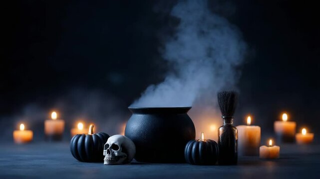 Halloween concept. A steaming black cauldron surrounded by candles, pumpkins, a skull, and a broomstick in a dark, mystical Halloween setting.