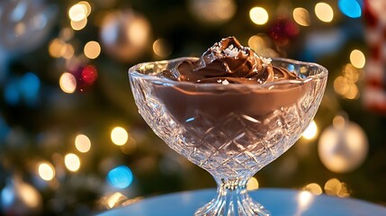 Hot chocolate on heart crystal bowl near a decorated Christmas tree on blue background
