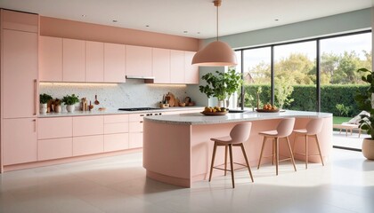 Fototapeta premium Contemporary Kitchen Design with Pastel Pink Cabinets and Island, Sunlight Streaming Through Large Windows Revealing Garden Scenery