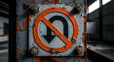 Worn Prohibited U Turn Sign On Metal Surface In Abandoned Industrial Building