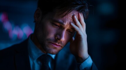 Frustrated businessman in office troubled by financial data on screen