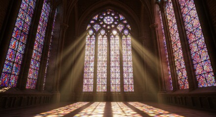 Illuminating stained glass windows in grand cathedral with sunbeams creating vibrant patterns