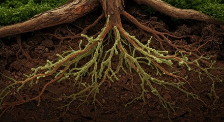 Interconnected mycorrhizal network connecting tree roots in fertile soil environment