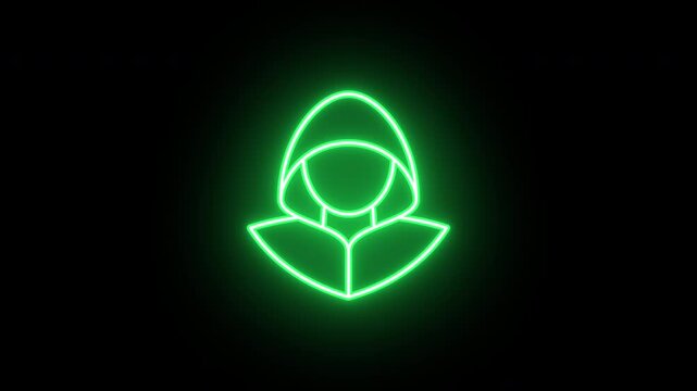Neon hacker icon, flickering emergence and fading. Glowing neon cyber thief icon, looped animation. Hacker with hood, scammer, data theft, hacking account, internet scam. Yellow green orange colors