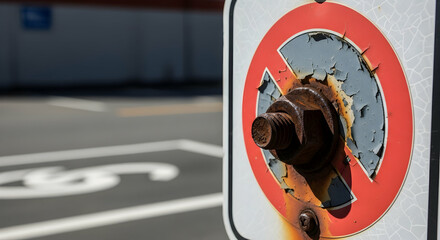 Worn Prohibition Sign with Rust Bolt at Parking Structure Entrance Way