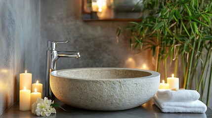Luxurious freestanding stone sink surrounded by scented candles and bamboo