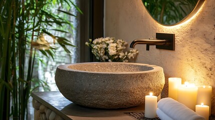 Luxurious freestanding stone sink surrounded by scented candles and bamboo