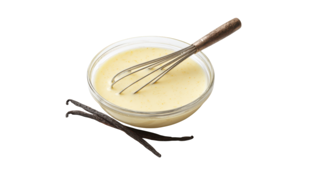 Vanilla Custard in Glass Bowl with Whisk on Transparent Background