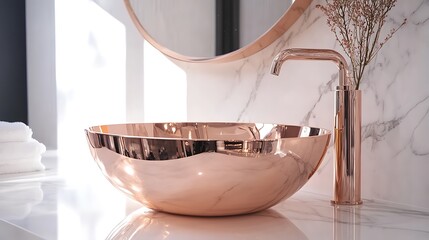 Luxurious metallic rose gold sink with minimalistic lines on marble background