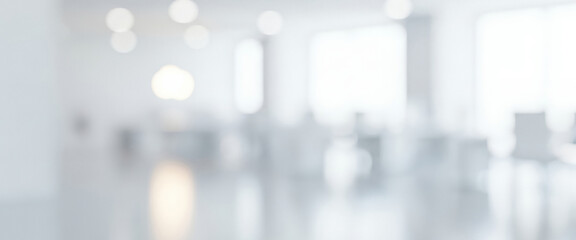 Blurred office interior with desks chairs and bright lighting in a modern space., used in many modern business templates where calm atmosphere and soft lighting are needed