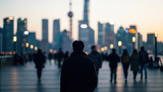 Defocused urban silhouette with dispersed crowd symbolizing social distancing and health crisis